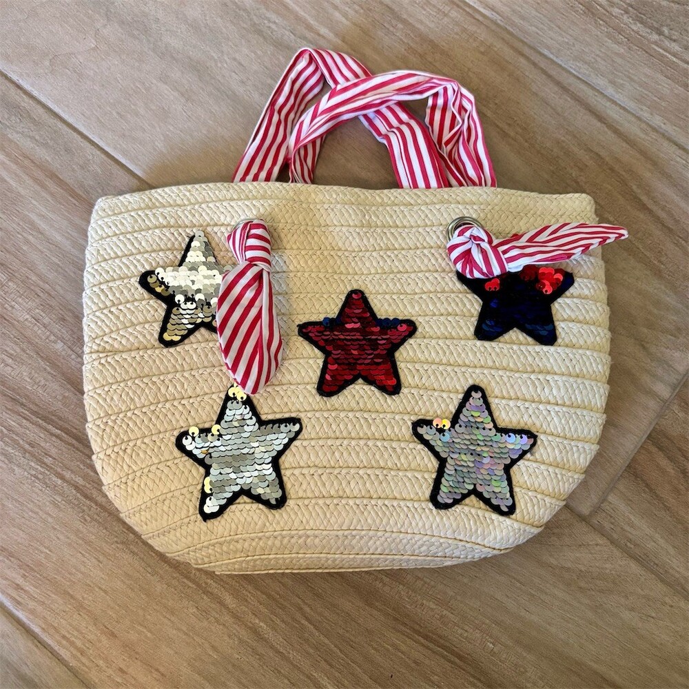 The Sak Tote Bag Womens Large Natural Patriotic Stars Sequin Beach Travel